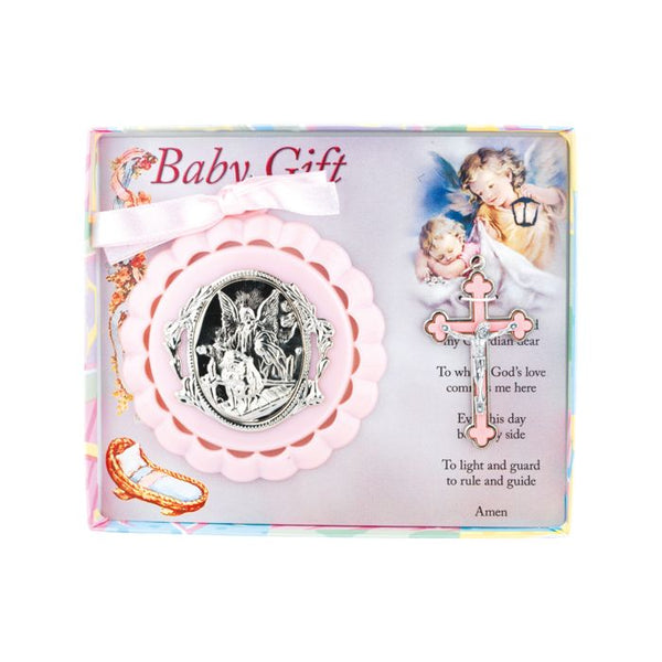 Pink Guardian Angel Crib Medal with Crucifix for Girls