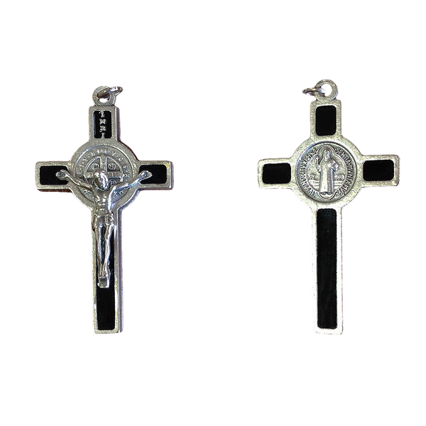 Crucifix - Saint Benedict - Black Enamel on Silver Nickel