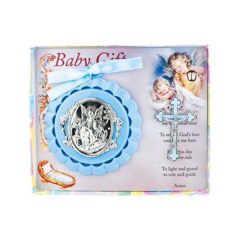 Blue Guardian Angel Crib Medal with Crucifix for Boys