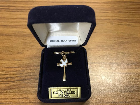 14KT Gold Filled Confirmation Cross with White Enamel Dove