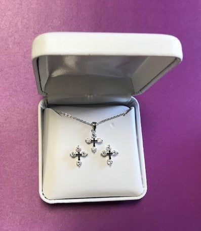 Clear Crystal Cross Pendant and Earrings