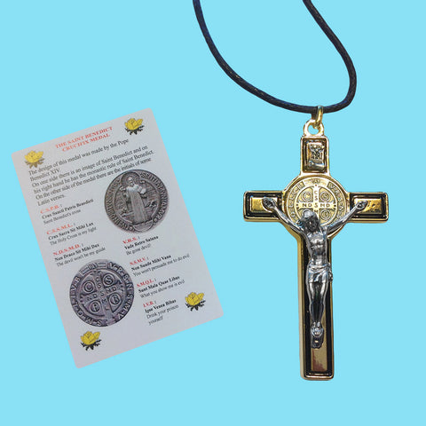 Crucifix - Saint Benedict - Gold on Black Enamel