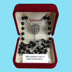 Rosary - Silver Plated with Black Glass Beads and Relic