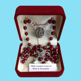 Rosary - Silver Plated with Burgundy Glass Beads and Relic