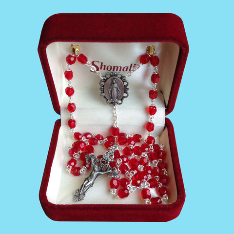 Rosary - Silver Plated with Ruby Crystal Beads