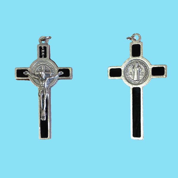 Crucifix - Saint Benedict - Black Enamel on Silver Nickel